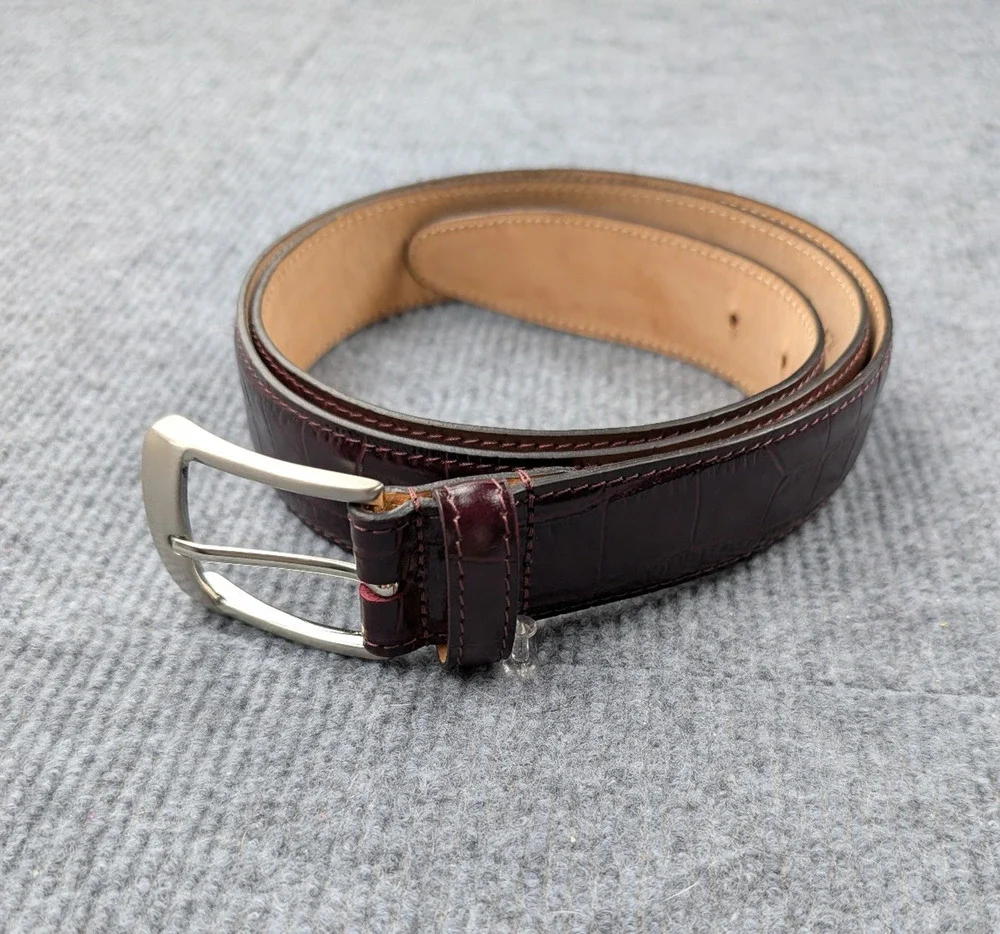 Paul Fredrick Belt Men 42 Croc Embossed Italian Leather Burgundy Hand Made Italy